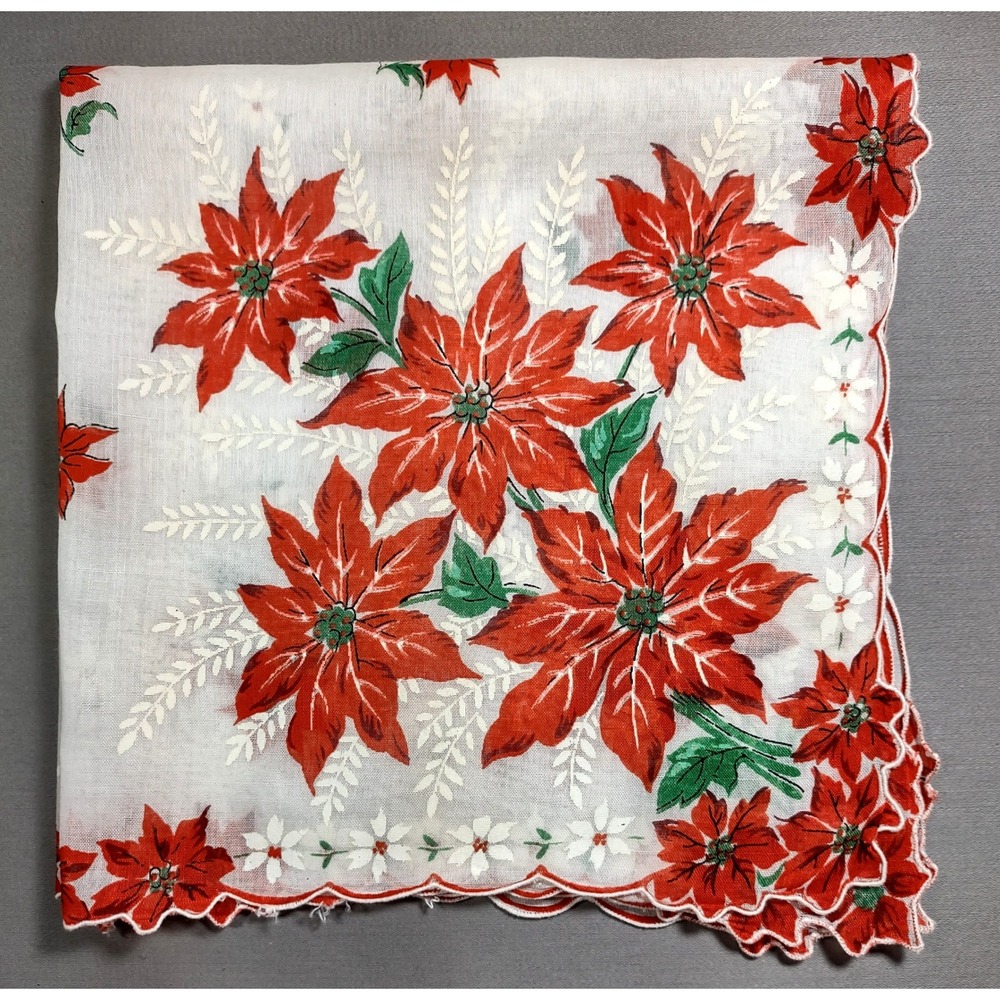 VTG 1950s Hand Printed Christmas Poinsettia Hankie Unused Scalloped 14.5 x 15